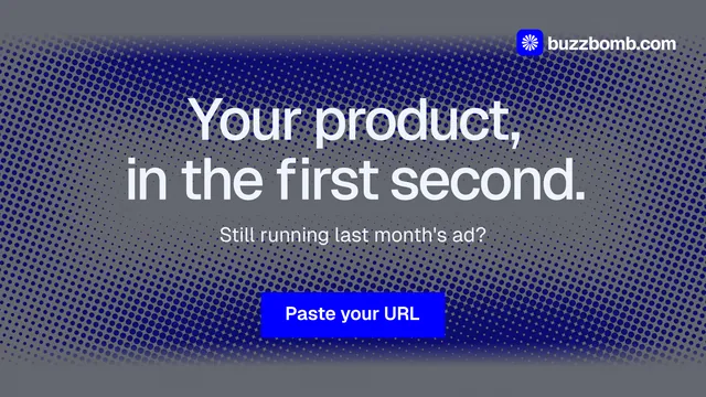 Landscape graphic for BuzzBomb: "Your product, in the first second." Swiss style, centred layout, dark palette in blue, grey.