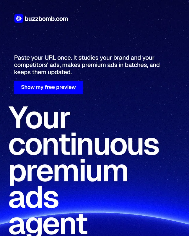 Instagram portrait post for BuzzBomb: "Your continuous premium ads agent." Swiss style, oversized layout, dark palette in blue.