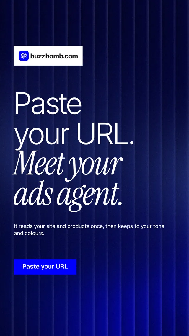 Instagram story for BuzzBomb: "Paste your URL. Meet your ads agent." Swiss style, announce layout, dark palette in black, blue, grey.