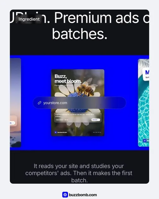 Video for BuzzBomb: "Paste your URL. Get a marketing team.". Before after wipe, 6.0 s, dark palette.