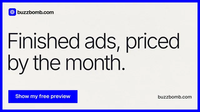 Landscape graphic for BuzzBomb: "Finished ads, priced by the month." Swiss style, poster layout, light palette in white, blue.