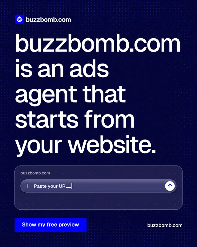 Instagram portrait post for BuzzBomb: "buzzbomb.com is an ads agent that starts from your website." Swiss style, poster layout, dark palette in blue, grey, black.