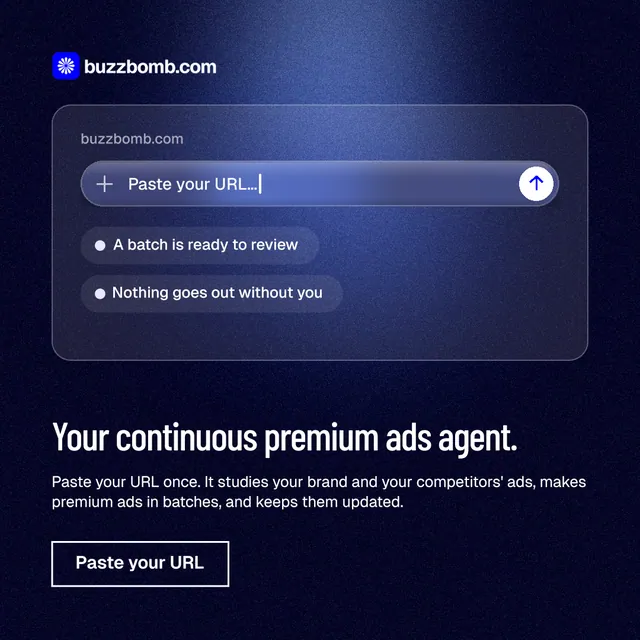 Instagram post for BuzzBomb: "Your continuous premium ads agent." Dark deco style, bottom layout, dark palette in blue, black.