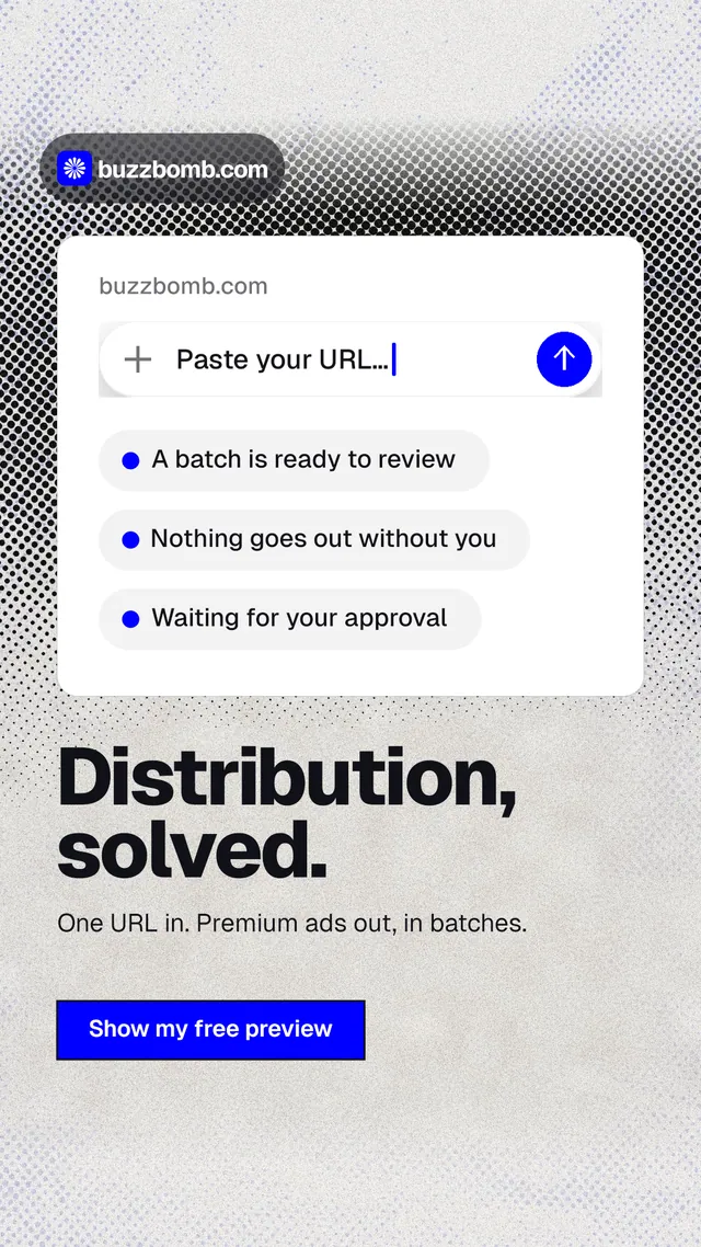 Instagram story for BuzzBomb: "Distribution, solved." Ink sticker style, bottom layout, light palette in white, grey.