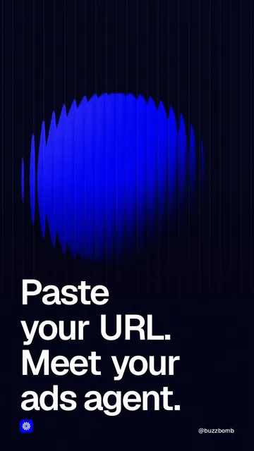 Video for BuzzBomb: "Paste your URL. Meet your ads agent.". Shader loop, 6.0 s, dark palette.