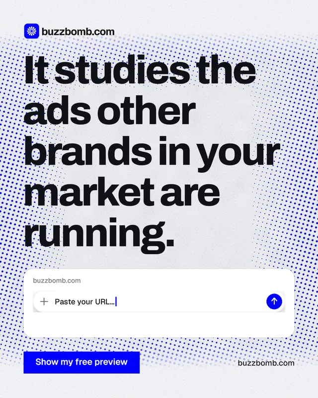 Instagram portrait post for BuzzBomb: "It studies the ads other brands in your market are running." Swiss style, poster layout, light palette in blue, white, grey.