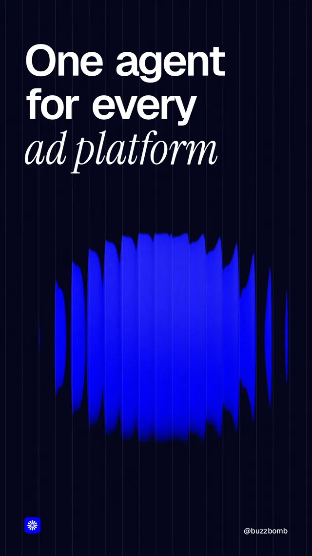 Instagram story for BuzzBomb: "One agent for every ad platform". Auto 9x16 style, technique:shader field layout, dark palette in black, blue.