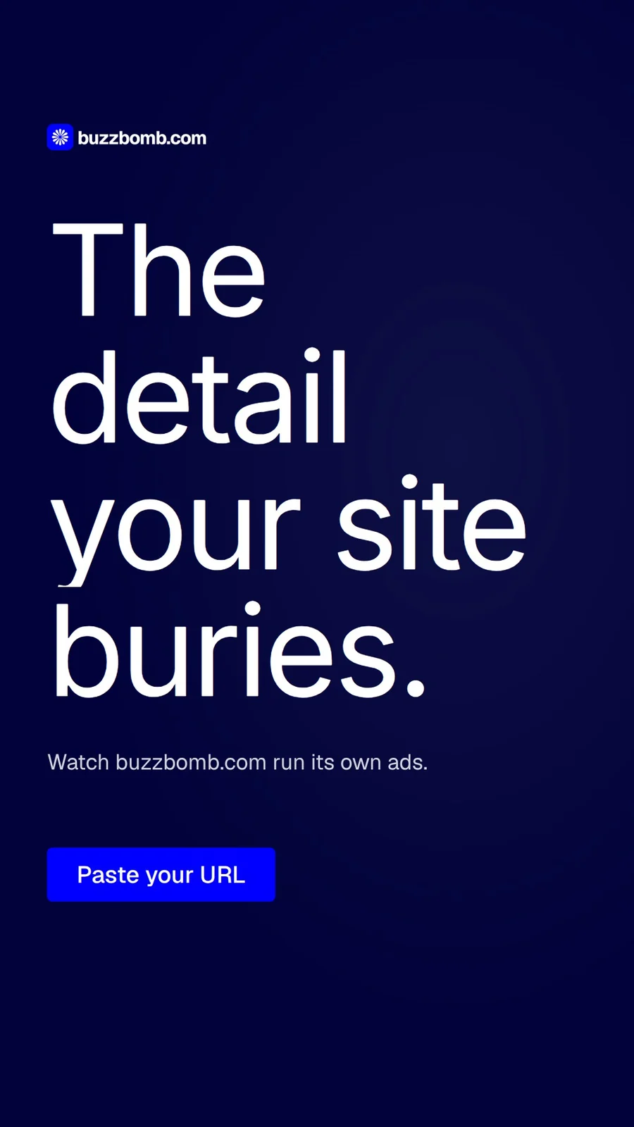 Video for BuzzBomb: "The detail your site buries.". Doc motion loop, 8.0 s, dark palette.