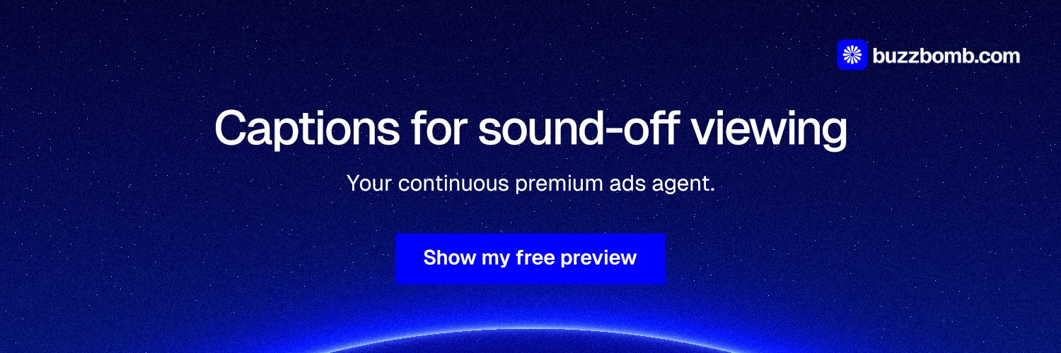 X header for BuzzBomb: "Captions for sound-off viewing". Swiss style, centred layout, dark palette in blue.