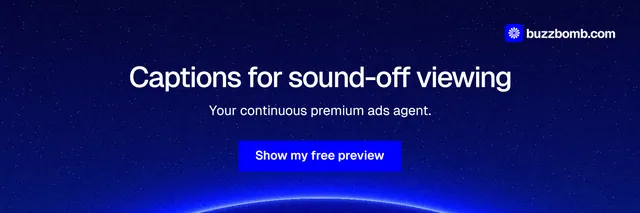 X header for BuzzBomb: "Captions for sound-off viewing". Swiss style, centred layout, dark palette in blue.