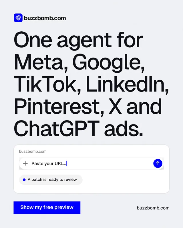 Instagram portrait post for BuzzBomb: "One agent for Meta, Google, TikTok, LinkedIn, Pinterest, X and ChatGPT ads." Swiss style, poster layout, light palette in white, grey.