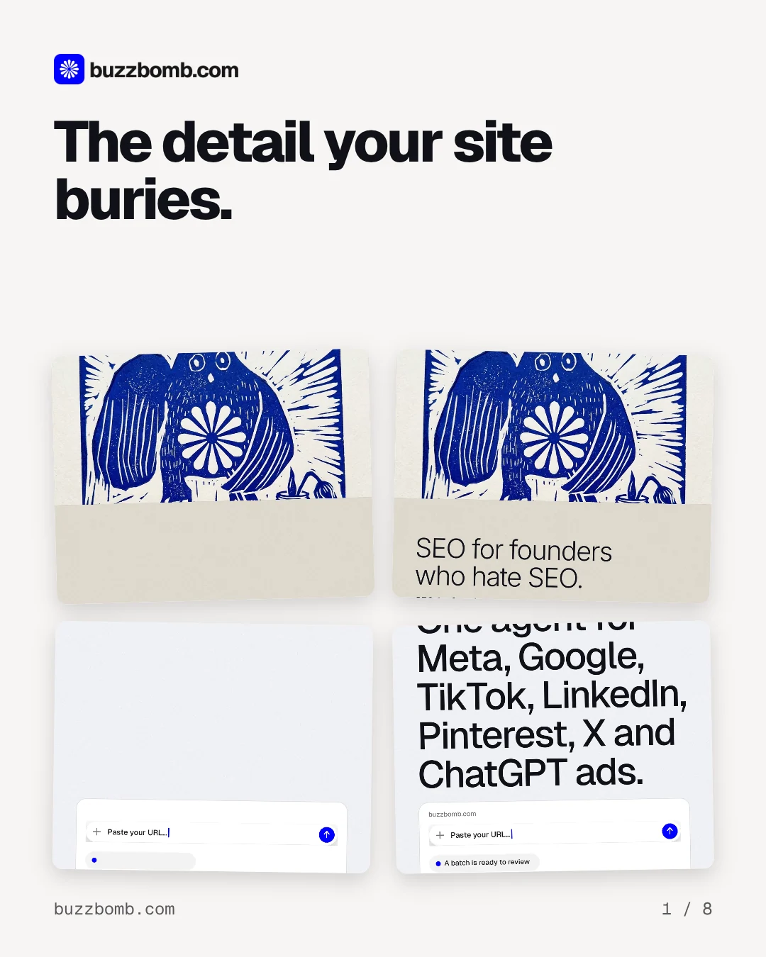 Carousel for BuzzBomb: "The detail your site buries.". Collection carousel, 8 slides, light palette.