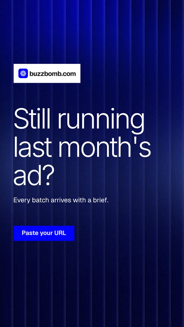 Instagram story for BuzzBomb: "Still running last month's ad?" Swiss style, announce layout, dark palette in black, blue.