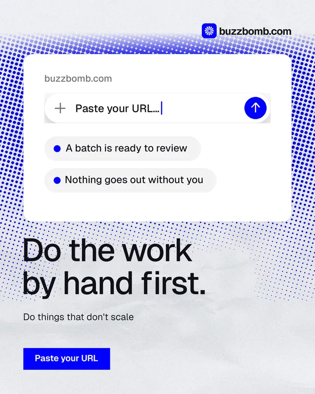 Instagram portrait post for BuzzBomb: "Do the work by hand first." Swiss style, bottom layout, light palette in white, blue.