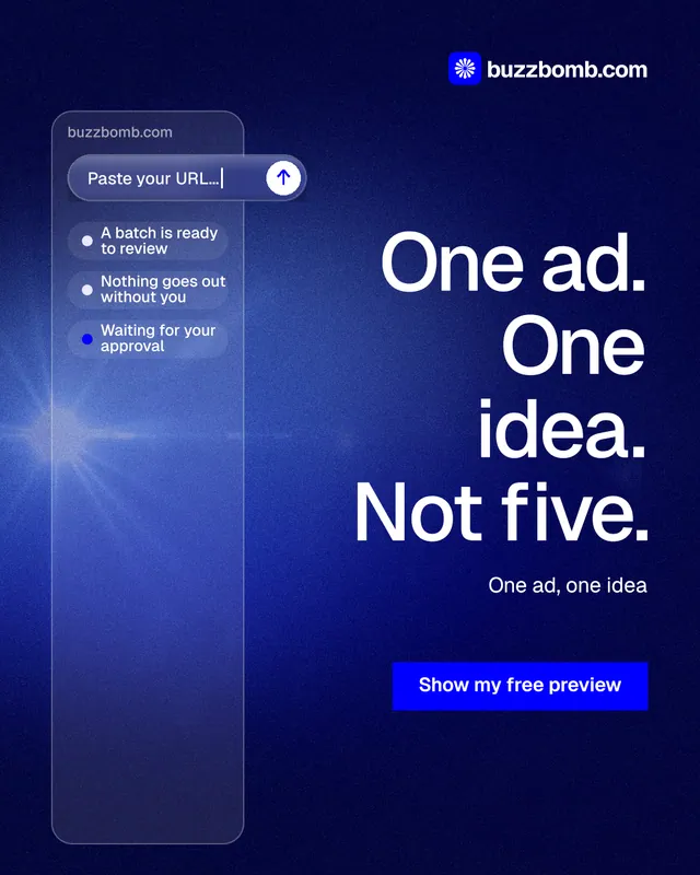 Instagram portrait post for BuzzBomb: "One ad. One idea. Not five." Swiss style, right layout, dark palette in blue.