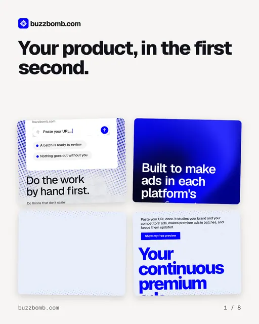 Carousel for BuzzBomb: "Your product, in the first second.". Collection carousel, 8 slides, light palette.