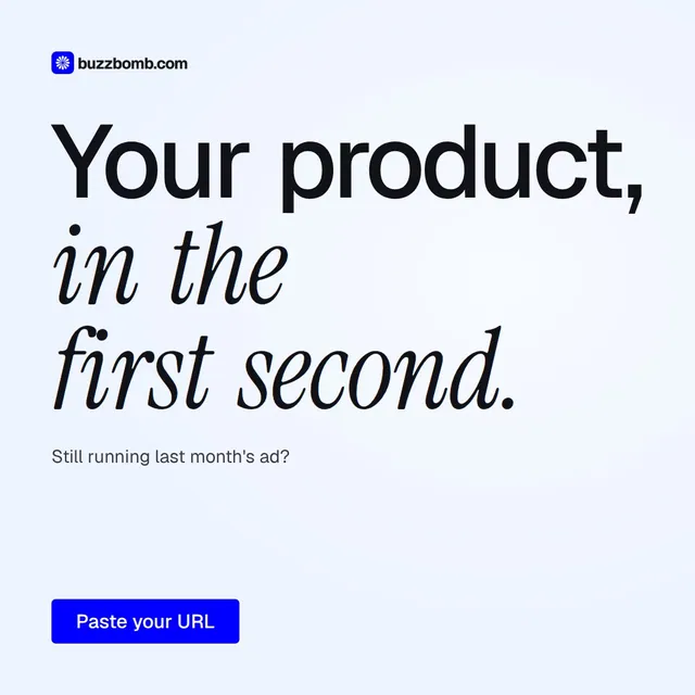 Video for BuzzBomb: "Your product, in the first second.". Doc motion loop, 6.0 s, light palette.
