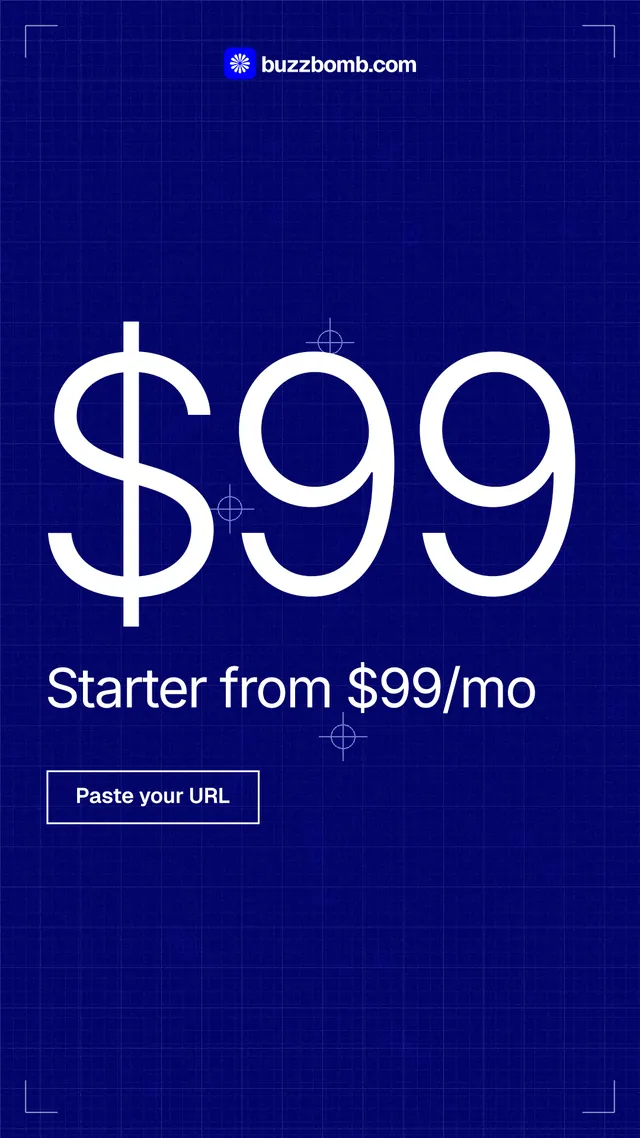 Instagram story for BuzzBomb: "Premium ads for every small brand." Blueprint style, stat layout, dark palette in blue.