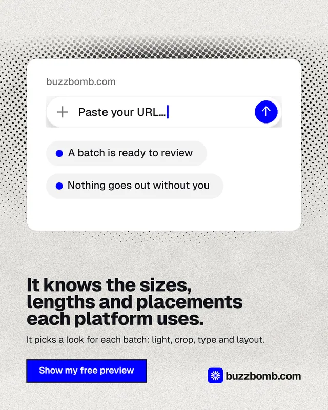 Instagram portrait post for BuzzBomb: "It knows the sizes, lengths and placements each platform uses." Ink sticker style, bottom layout, light palette in white, grey.