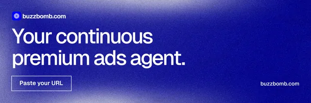 X header for BuzzBomb: "Your continuous premium ads agent." Cyanotype style, poster layout, dark palette in blue.