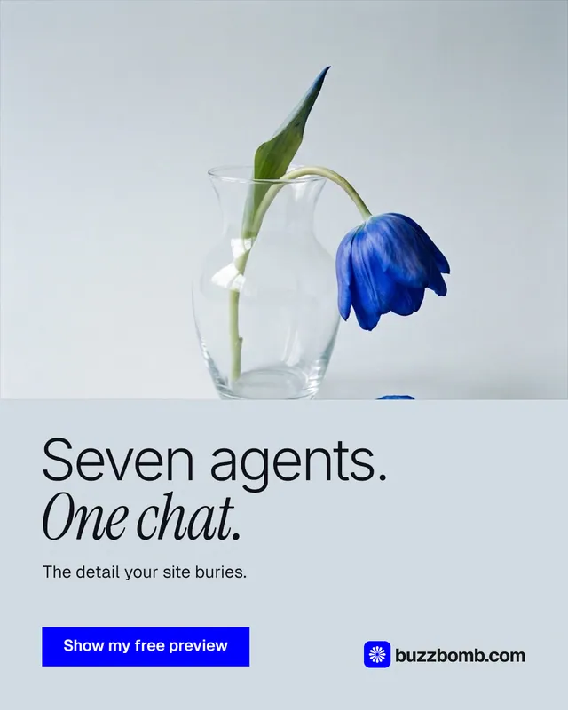 Instagram portrait post for BuzzBomb: "Seven agents. One chat." Swiss style, bottom layout, light palette in white, blue.
