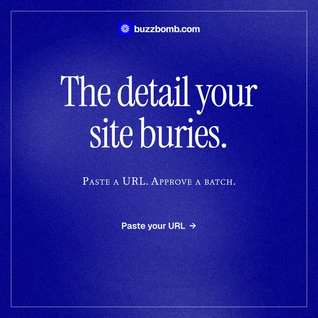Instagram post for BuzzBomb: "The detail your site buries." Editorial style, smallcaps layout, dark palette in blue.