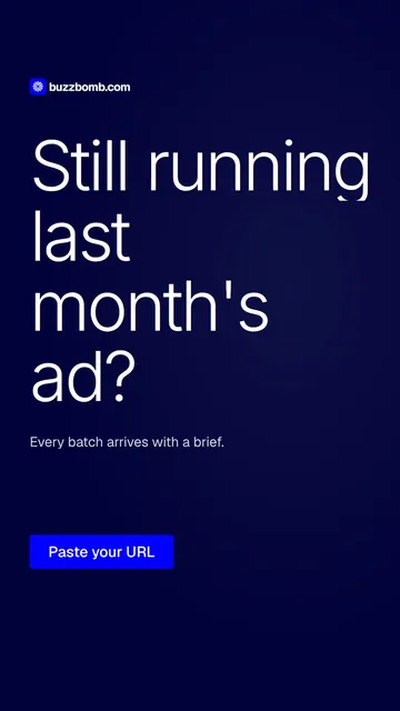 Video for BuzzBomb: "Still running last month's ad?". Doc motion loop, 8.0 s, dark palette.
