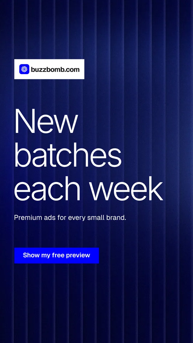 Instagram story for BuzzBomb: "New batches each week". Swiss style, announce layout, dark palette in black, blue.
