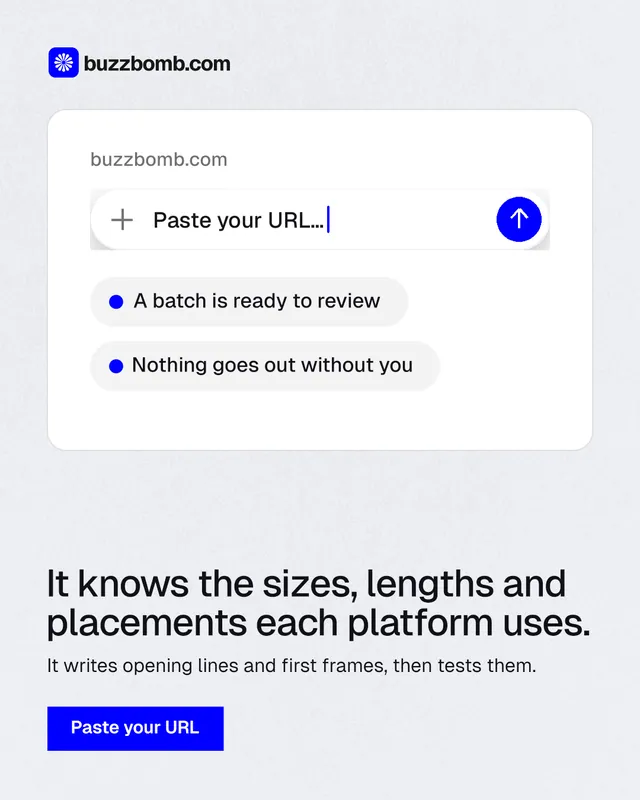 Instagram portrait post for BuzzBomb: "It knows the sizes, lengths and placements each platform uses." Swiss style, bottom layout, light palette in white, blue.