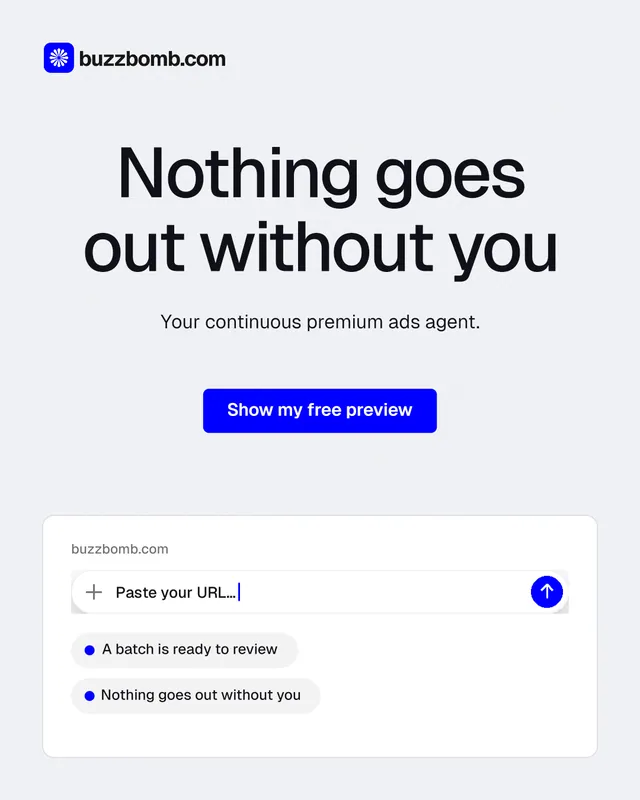 Instagram portrait post for BuzzBomb: "Nothing goes out without you". Data card style, centred layout, light palette in white, blue.