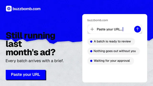 Landscape graphic for BuzzBomb: "Still running last month's ad?" Paper trio style, bottom layout, light palette in blue, white.