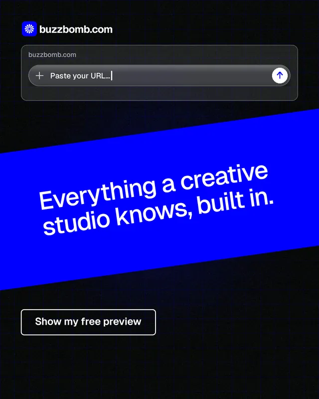 Instagram portrait post for BuzzBomb: "Everything a creative studio knows, built in." Phosphor atlas style, diagonal layout, dark palette in black, blue.