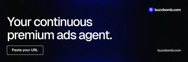 X header for BuzzBomb: "Your continuous premium ads agent." Phosphor atlas style, poster layout, dark palette in black, grey.