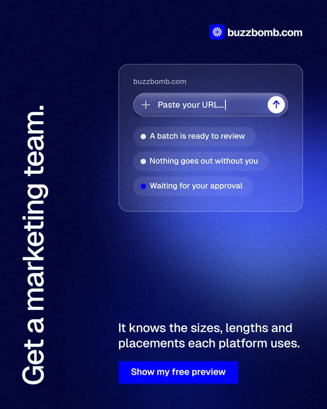 Instagram portrait post for BuzzBomb: "Get a marketing team." Swiss style, vertical layout, dark palette in blue, black.