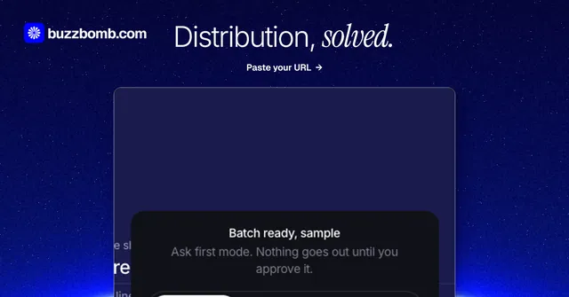 Social ad for BuzzBomb: "Distribution, solved." Swiss style, ogui layout, dark palette in blue.