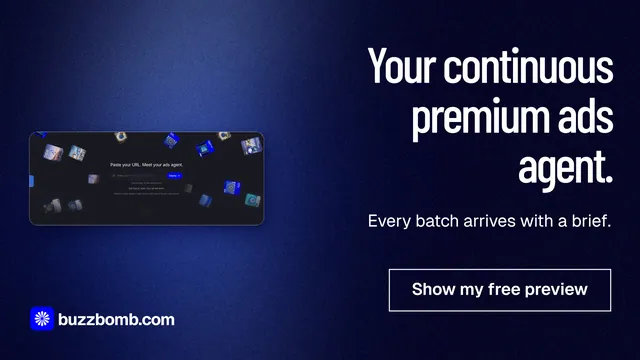 Landscape graphic for BuzzBomb: "Your continuous premium ads agent." Dark deco style, right layout, dark palette in black, blue, grey.
