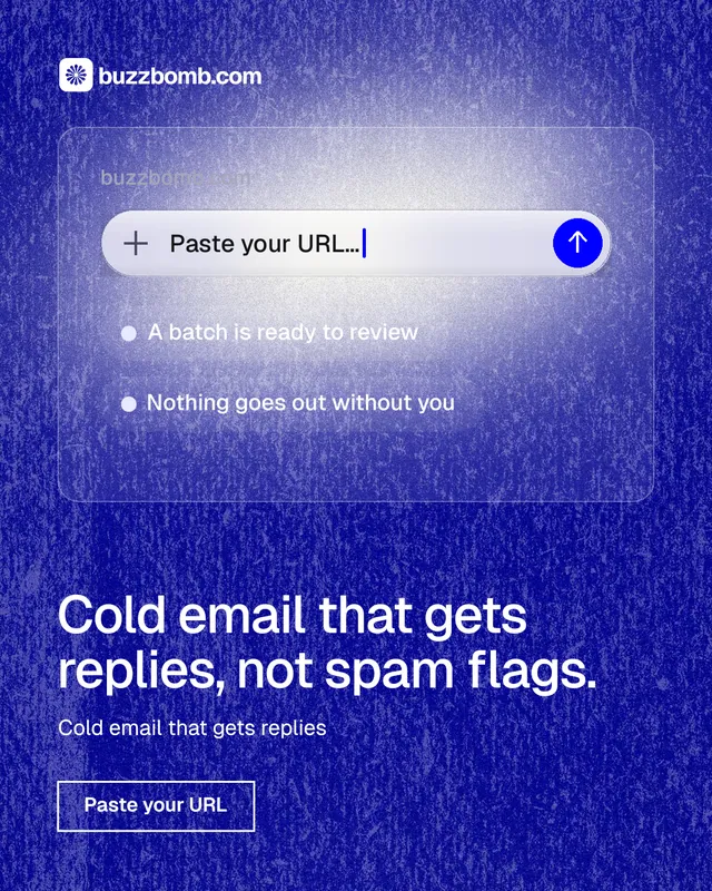 Instagram portrait post for BuzzBomb: "Cold email that gets replies, not spam flags." Cyanotype style, bottom layout, dark palette in blue.