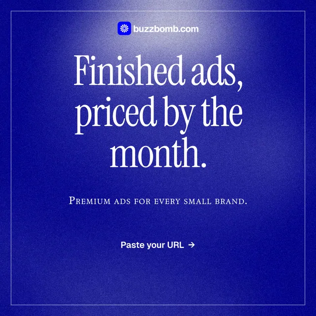 Instagram post for BuzzBomb: "Finished ads, priced by the month." Editorial style, smallcaps layout, dark palette in blue.