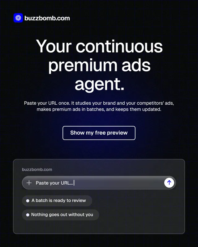 Instagram portrait post for BuzzBomb: "Your continuous premium ads agent." Phosphor atlas style, centred layout, dark palette in black, grey.