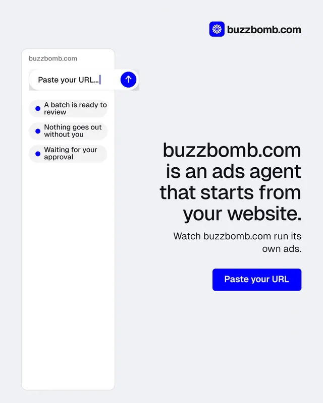 Instagram portrait post for BuzzBomb: "buzzbomb.com is an ads agent that starts from your website." Data card style, right layout, light palette in white, blue.