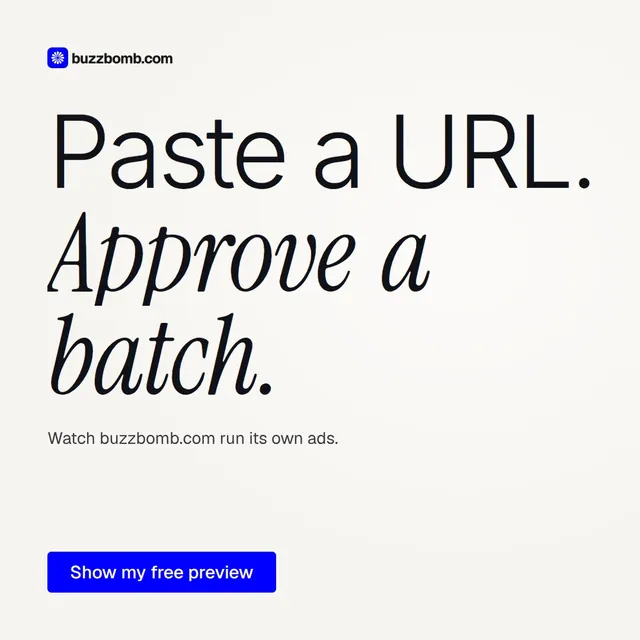 Video for BuzzBomb: "Paste a URL. Approve a batch.". Doc motion loop, 7.0 s, light palette.