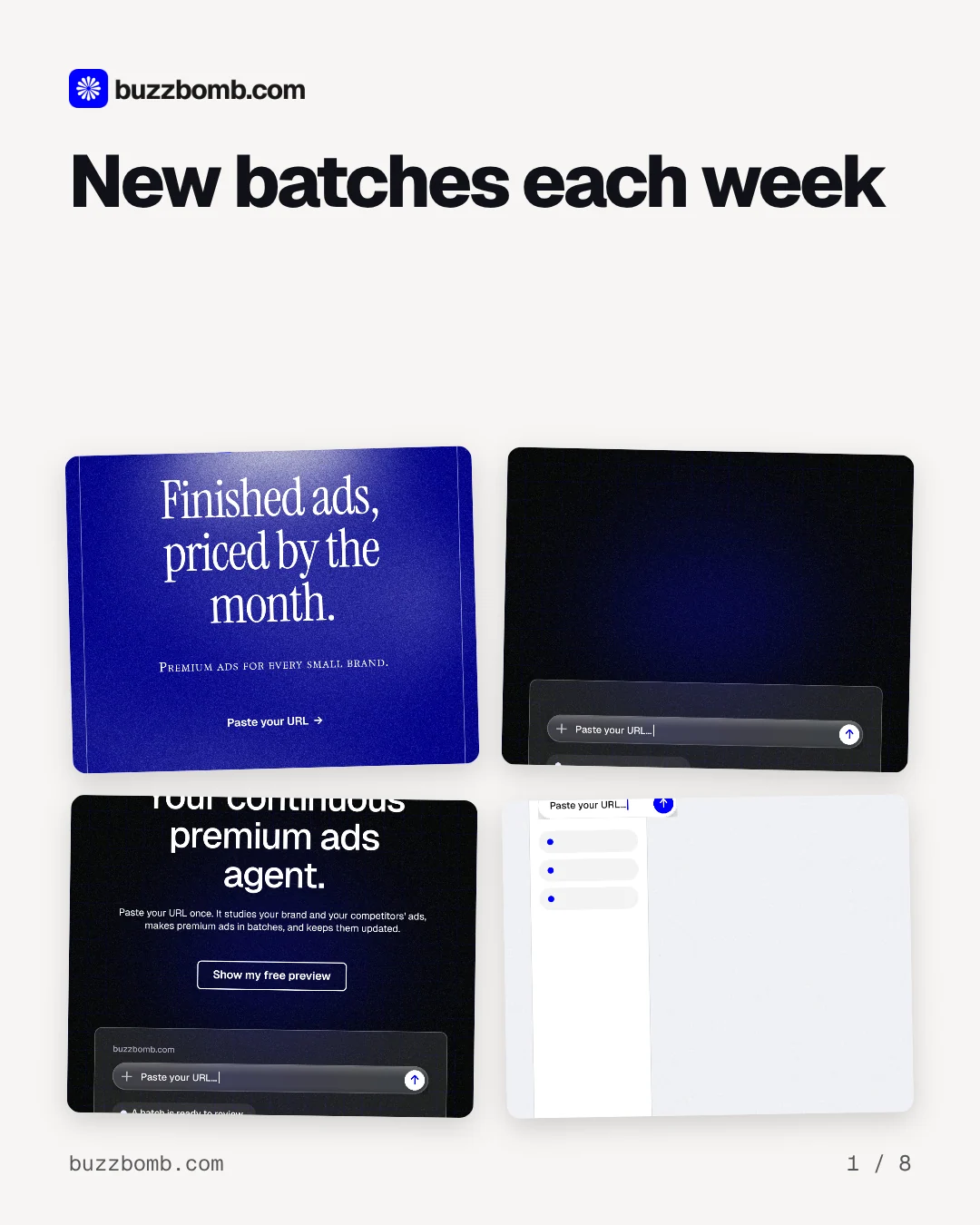 Carousel for BuzzBomb: "New batches each week". Collection carousel, 8 slides, light palette.