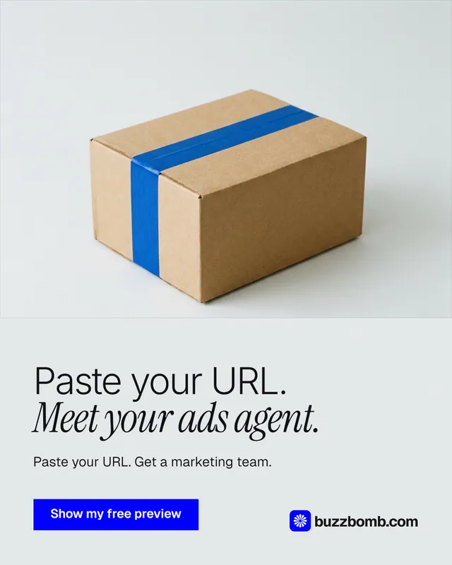 Instagram portrait post for BuzzBomb: "Paste your URL. Meet your ads agent." Swiss style, bottom layout, light palette in white, grey.