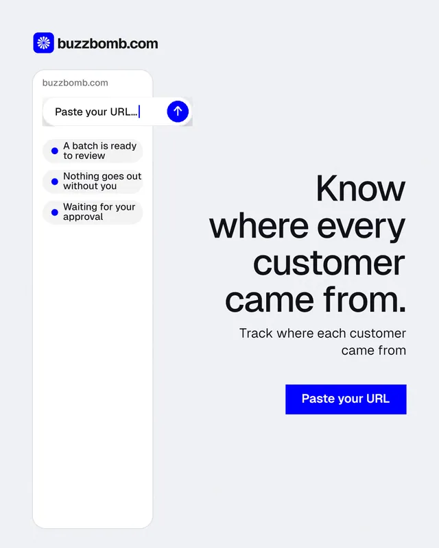 Instagram portrait post for BuzzBomb: "Know where every customer came from." Swiss style, right layout, light palette in white, blue.