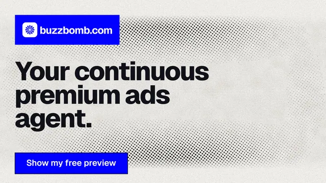 Landscape graphic for BuzzBomb: "Your continuous premium ads agent." Ink sticker style, announce layout, light palette in white, blue.