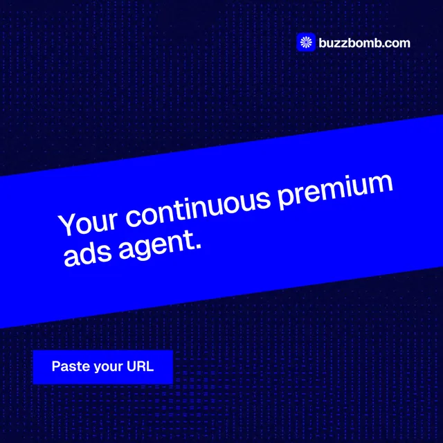 Instagram post for BuzzBomb: "Your continuous premium ads agent." Swiss style, diagonal layout, dark palette in blue.