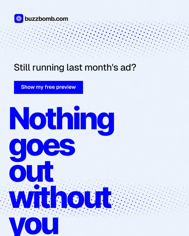 Instagram portrait post for BuzzBomb: "Nothing goes out without you". Swiss style, oversized layout, light palette in white, blue.