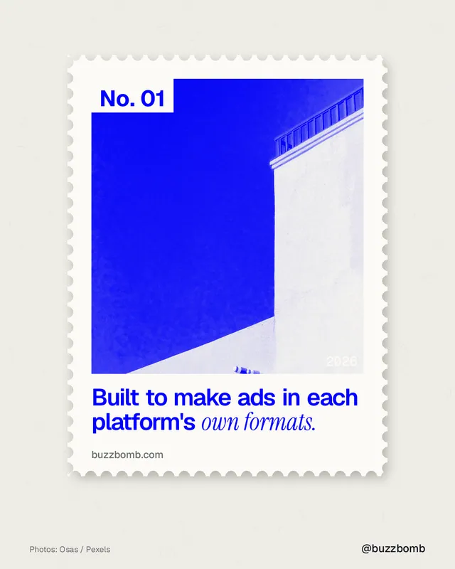 Instagram portrait post for BuzzBomb: "Built to make ads in each platform's own formats." Single style, technique:stamp series layout, light palette in yellow, blue, white.