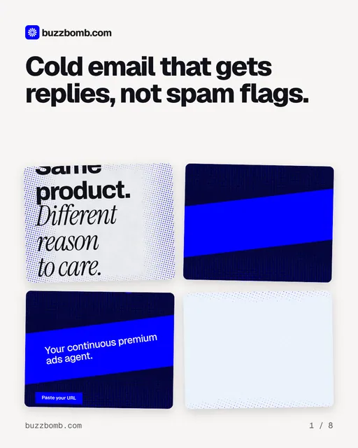 Carousel for BuzzBomb: "Cold email that gets replies, not spam flags.". Collection carousel, 8 slides, light palette.
