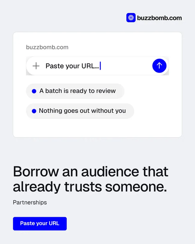 Instagram portrait post for BuzzBomb: "Borrow an audience that already trusts someone." Data card style, bottom layout, light palette in white, blue.
